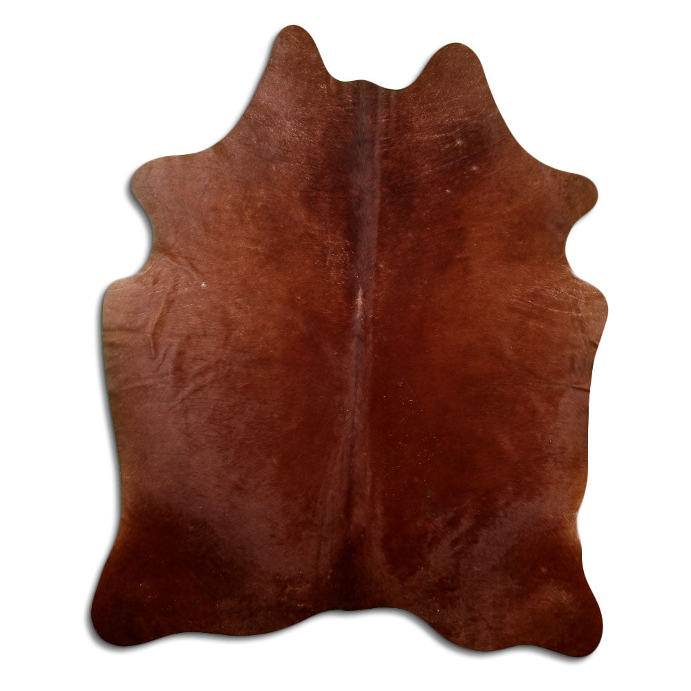 Brown cowhide rug of about 200 × 160 cm, seen from above: the exact hide you receive