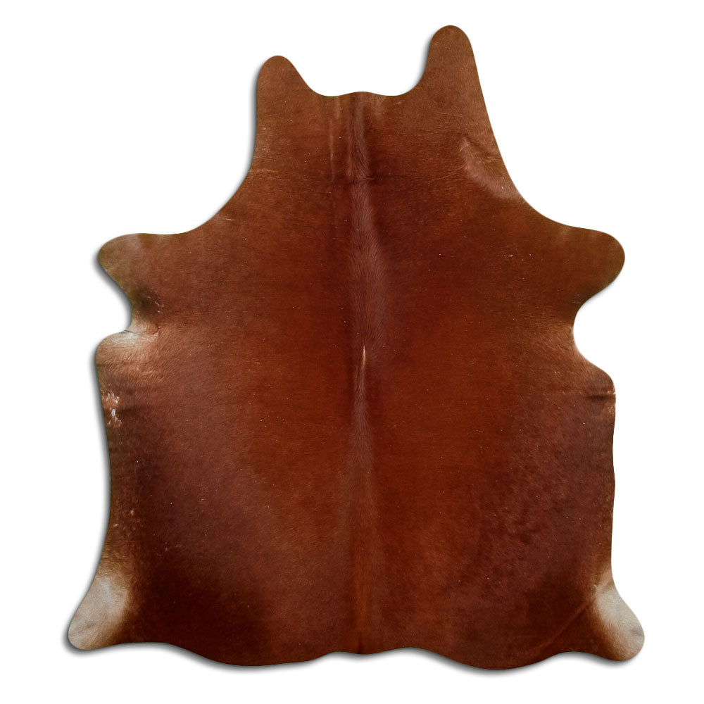 Brown cowhide rug of about 180 × 160 cm, seen from above: the exact hide you receive
