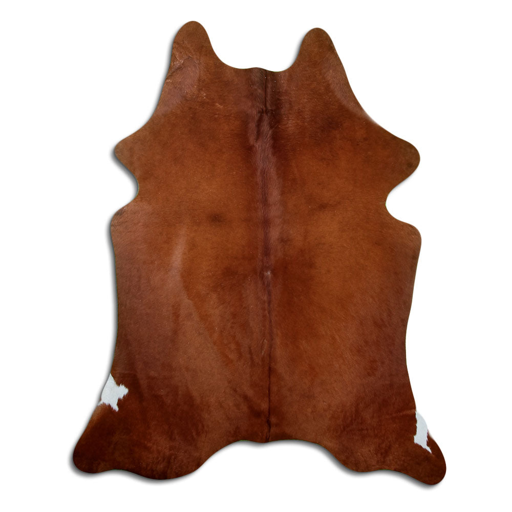 Brown cowhide rug of about 190 × 160 cm, seen from above: the exact hide you receive