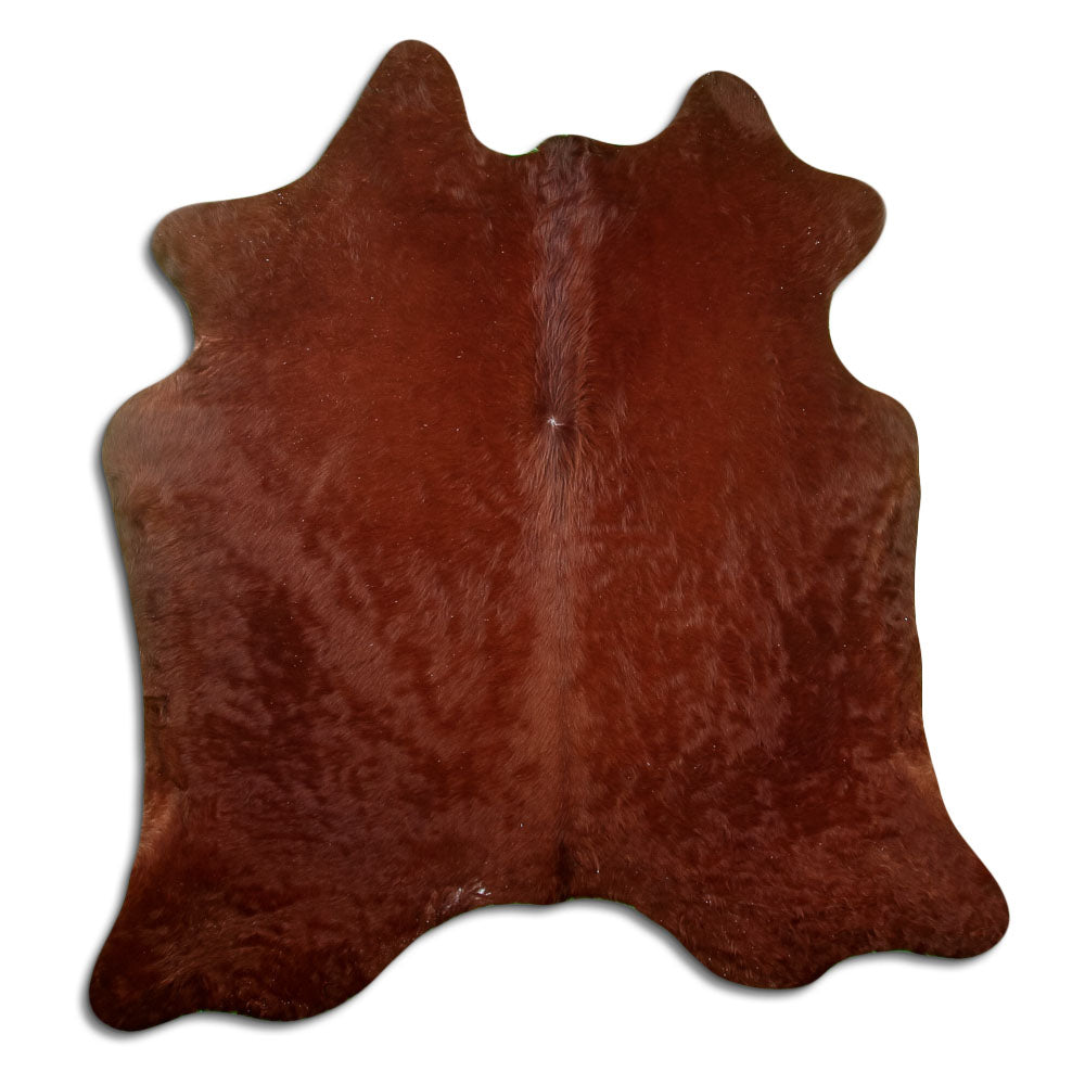 Brown cowhide rug of about 170 × 160 cm, seen from above: the exact hide you receive