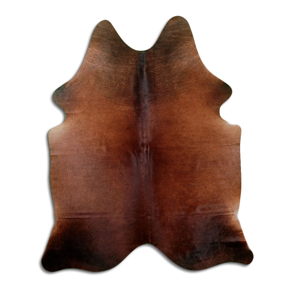 Brown cowhide rug of about 200 × 160 cm, seen from above: the exact hide you receive