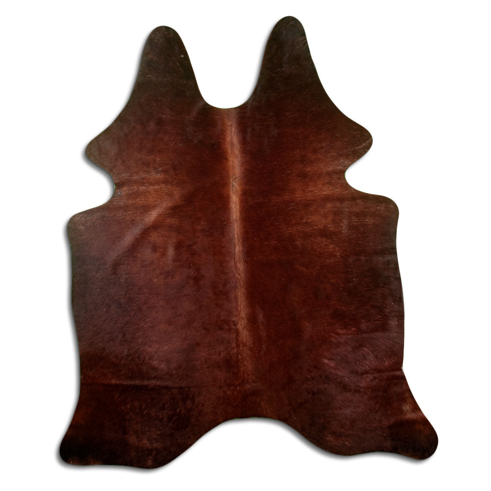 Brown cowhide rug of about 180 × 150 cm, seen from above: the exact hide you receive