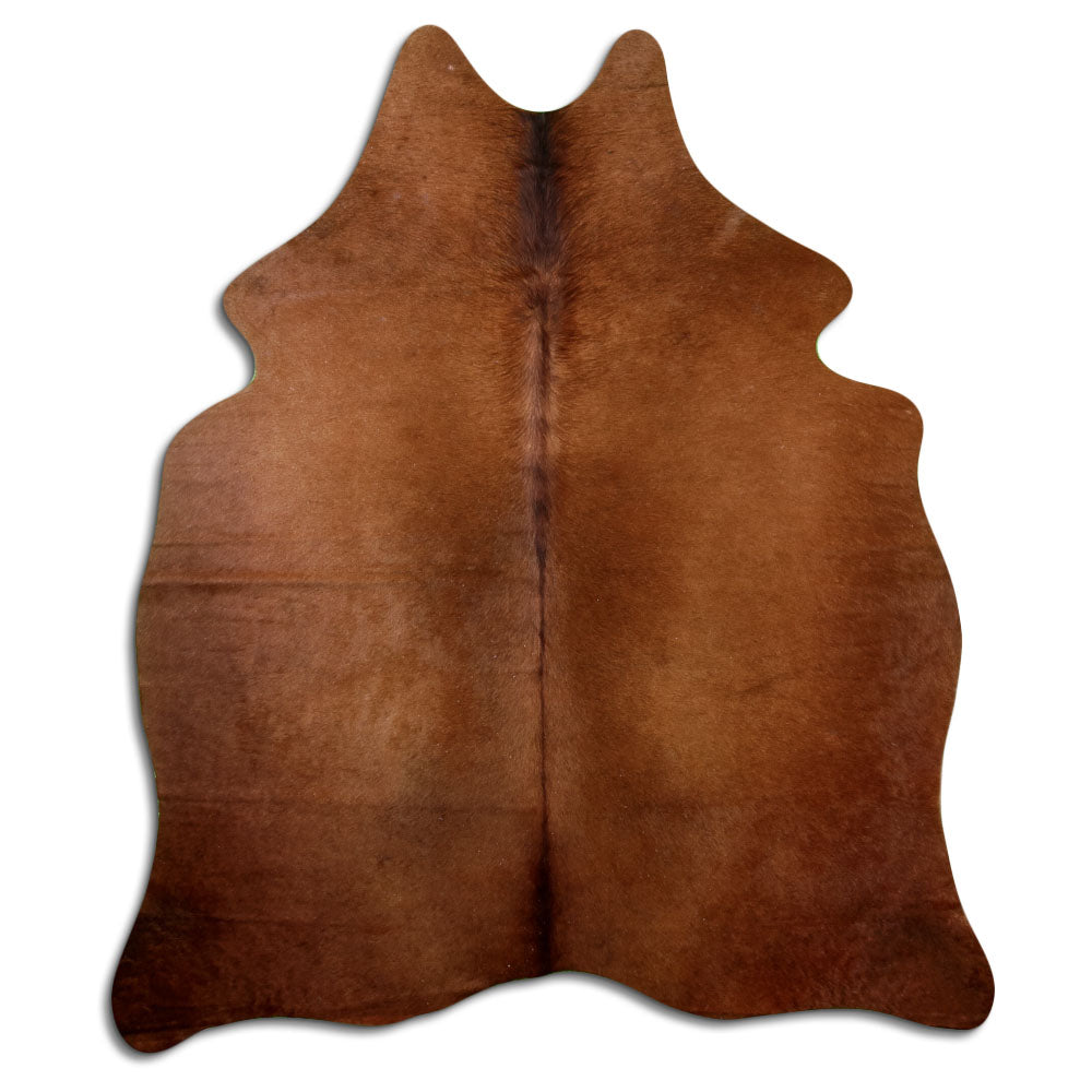 Brown cowhide rug of about 200 × 170 cm, seen from above: the exact hide you receive