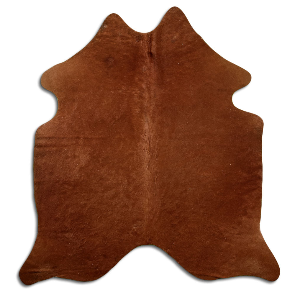Brown cowhide rug of about 170 × 160 cm, seen from above: the exact hide you receive