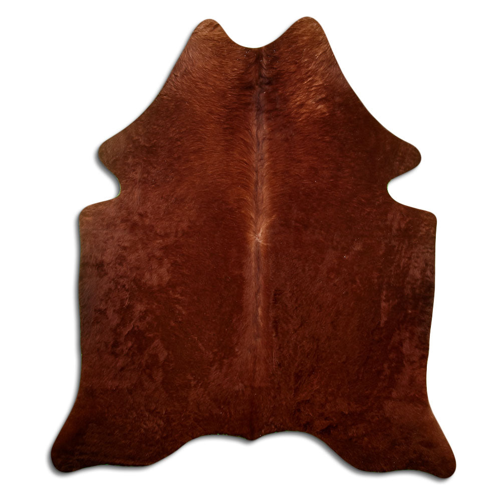 Brown cowhide rug of about 190 × 170 cm, seen from above: the exact hide you receive