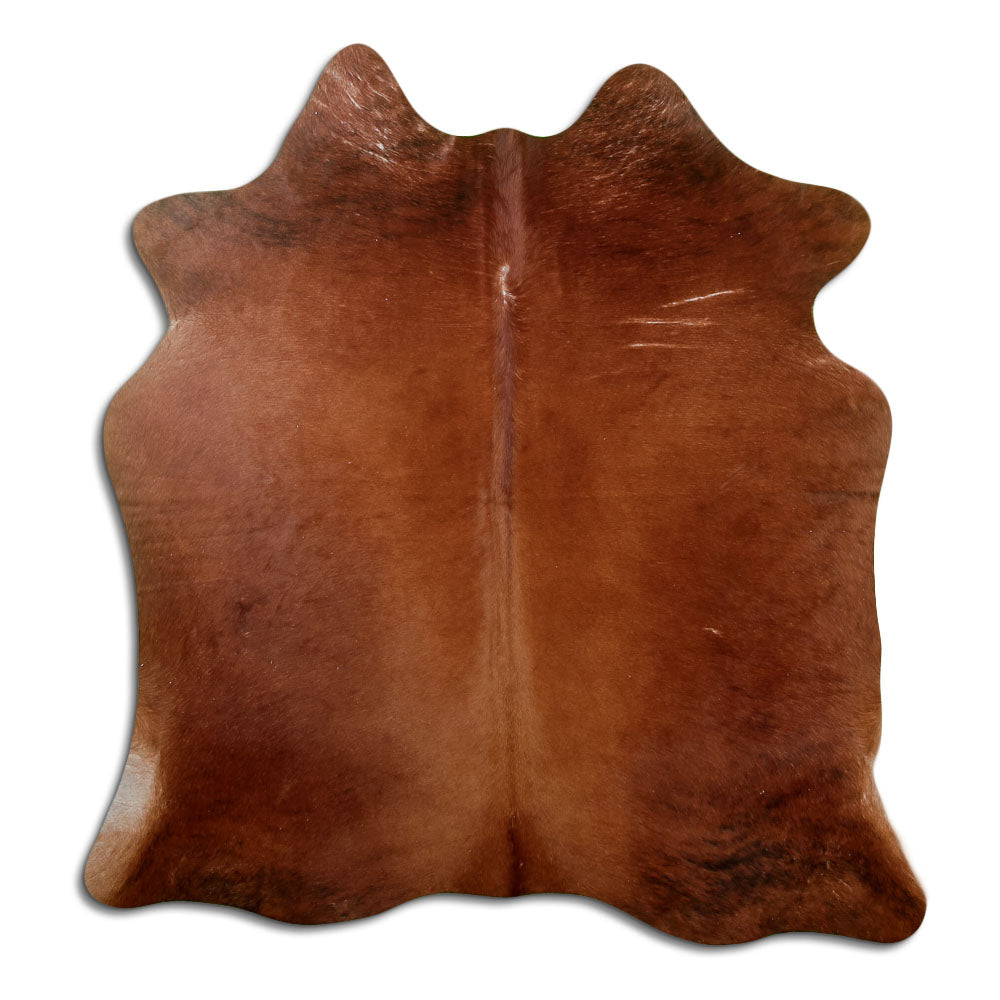 Brown cowhide rug of about 170 × 160 cm, seen from above: the exact hide you receive