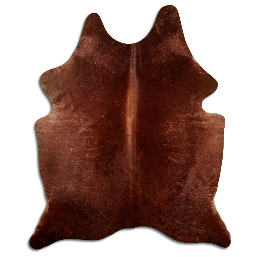 Brown cowhide rug of about 200 × 170 cm, seen from above: the exact hide you receive
