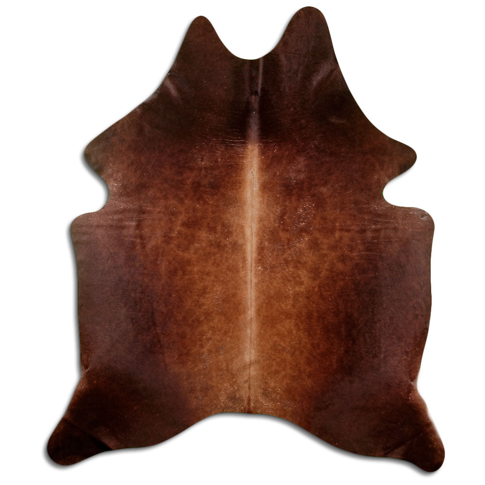 Brown cowhide rug of about 200 × 170 cm, seen from above: the exact hide you receive