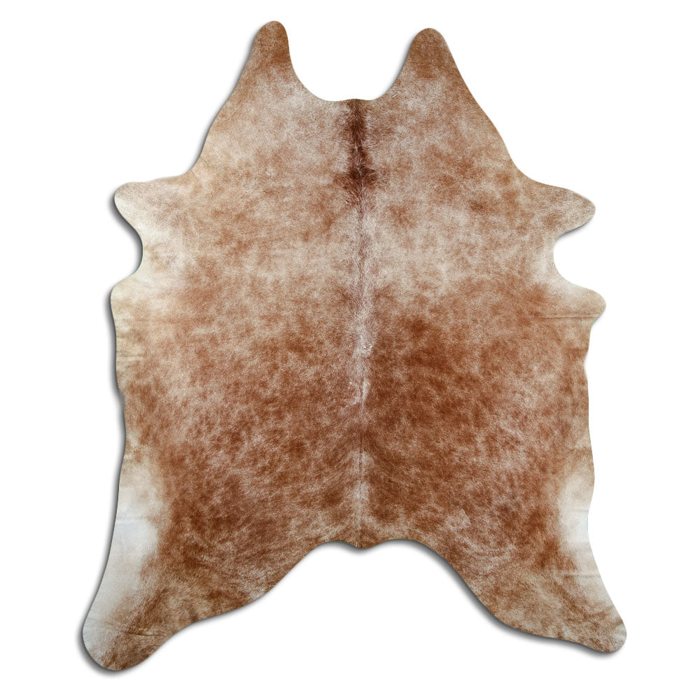 Brown cowhide rug of about 230 × 190 cm, seen from above: the exact hide you receive