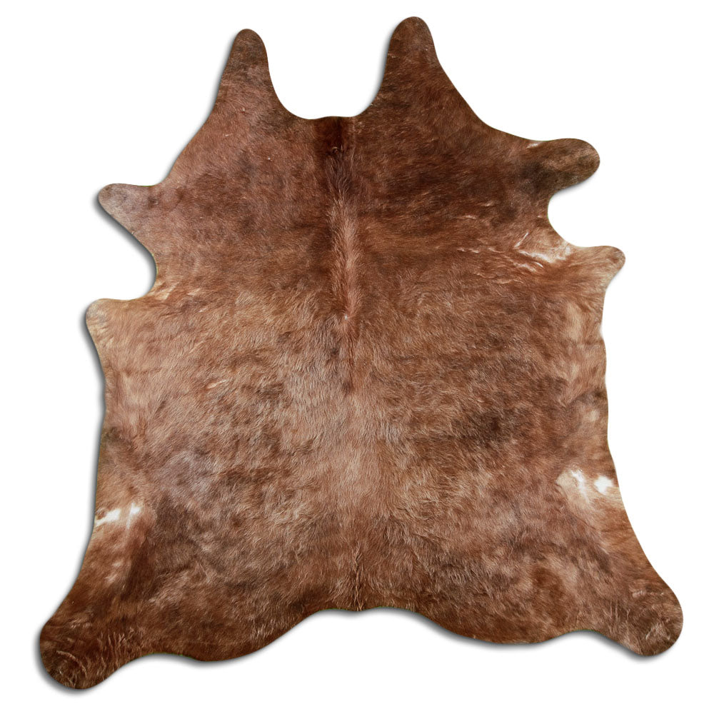 Brown cowhide rug of about 230 × 220 cm, seen from above: the exact hide you receive