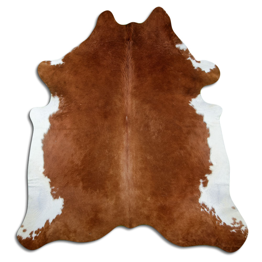 Brown cowhide rug of about 210 × 200 cm, seen from above: the exact hide you receive