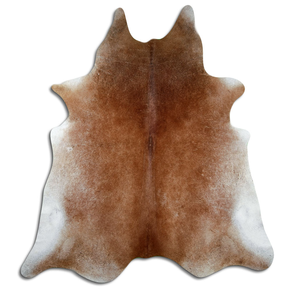 Brown cowhide rug of about 230 × 200 cm, seen from above: the exact hide you receive