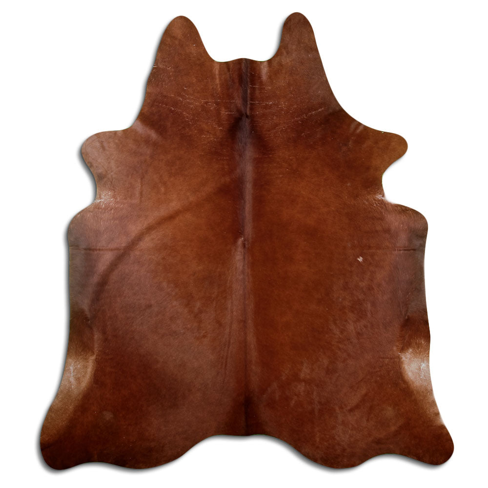 Brown cowhide rug of about 220 × 190 cm, seen from above: the exact hide you receive
