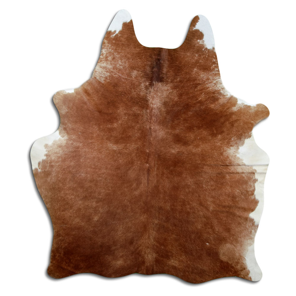 Brown cowhide rug of about 200 × 160 cm, seen from above: the exact hide you receive