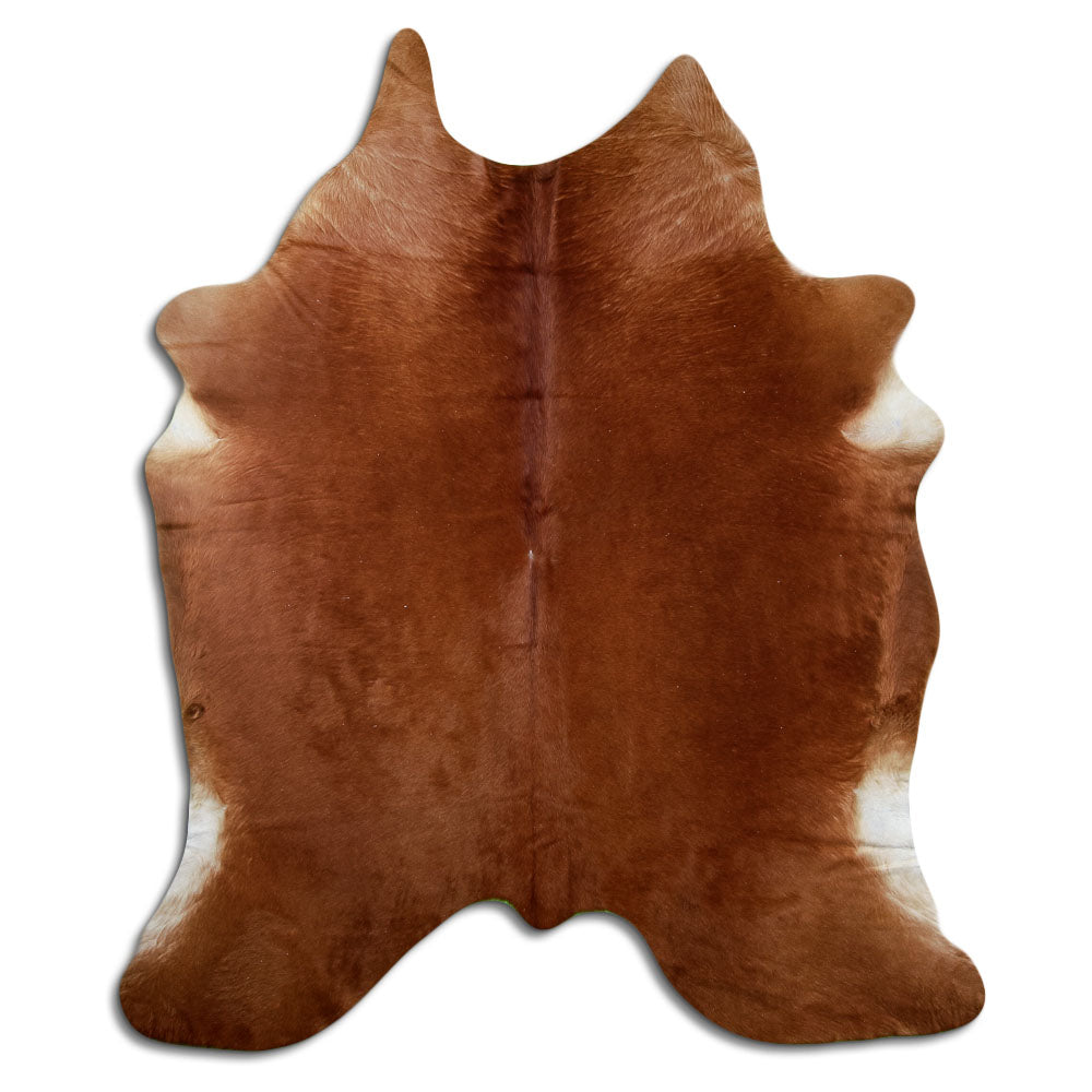 Brown cowhide rug of about 210 × 180 cm, seen from above: the exact hide you receive