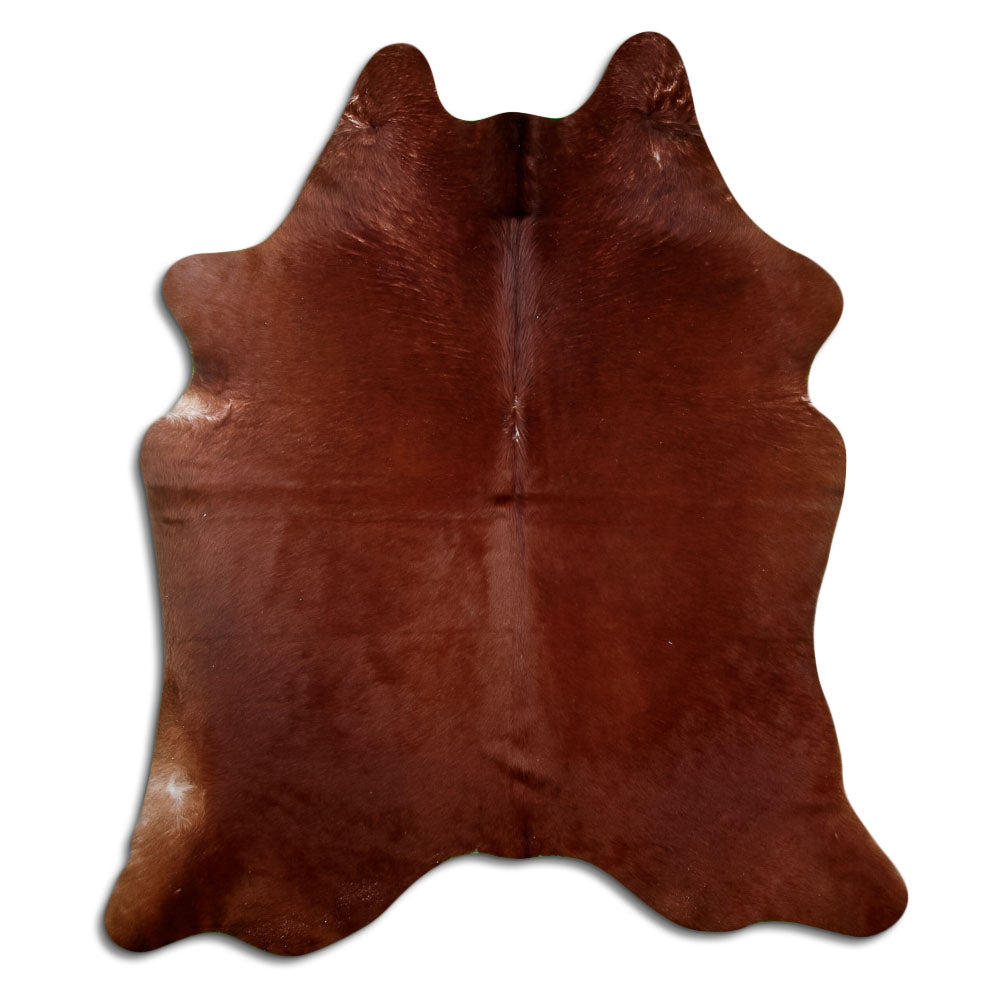 Brown cowhide rug of about 210 × 200 cm, seen from above: the exact hide you receive