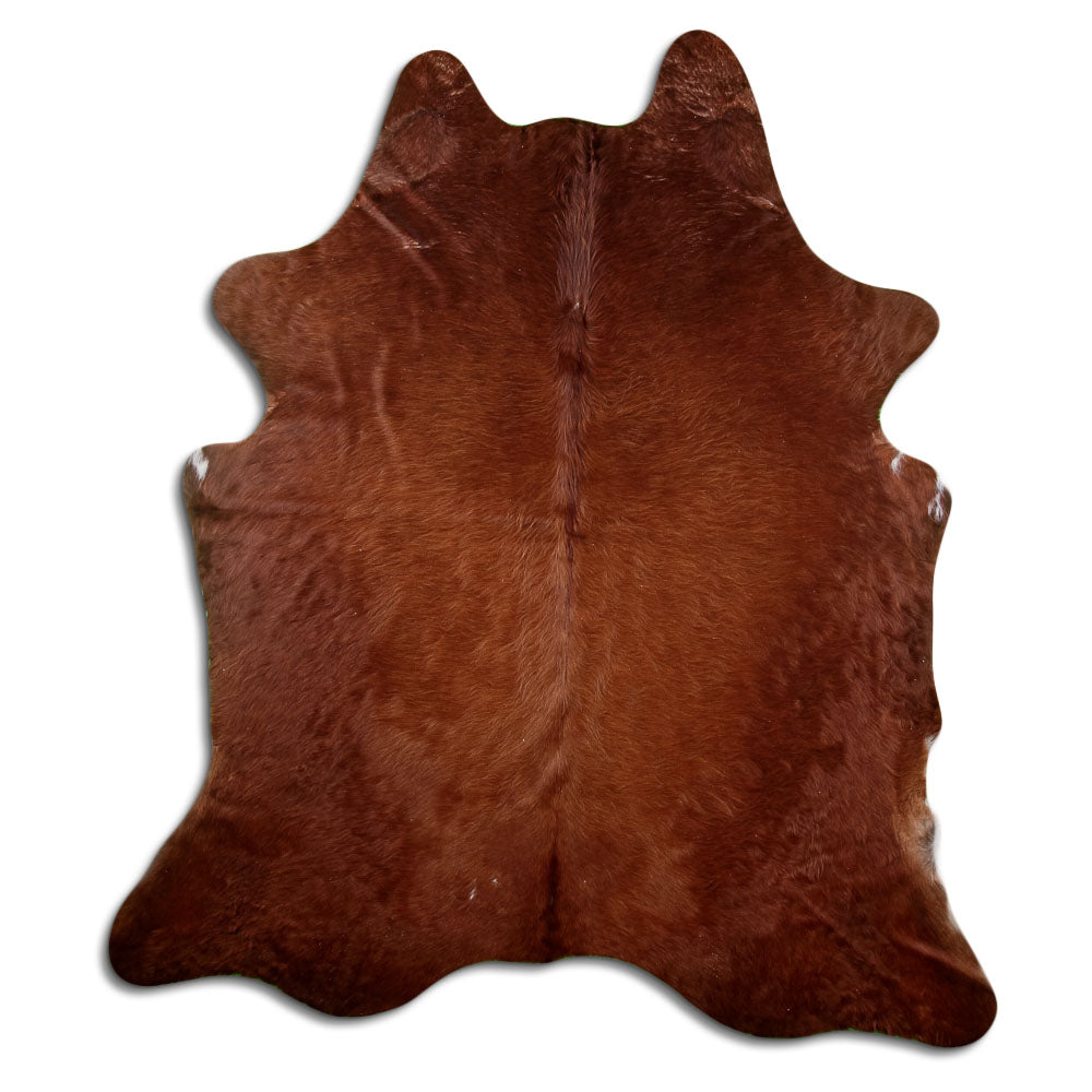 Brown cowhide rug of about 220 × 200 cm, seen from above: the exact hide you receive