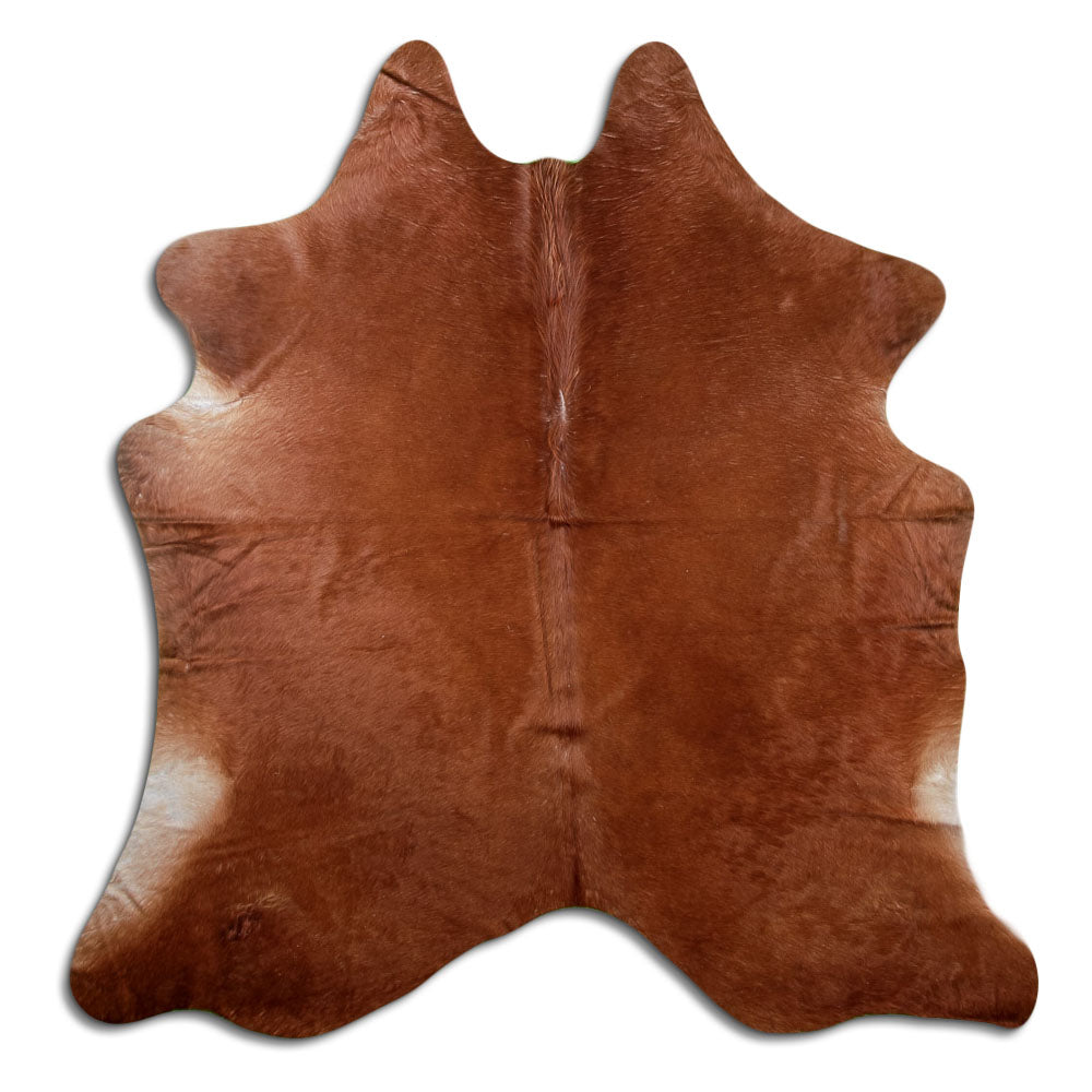 Brown cowhide rug of about 200 × 190 cm, seen from above: the exact hide you receive