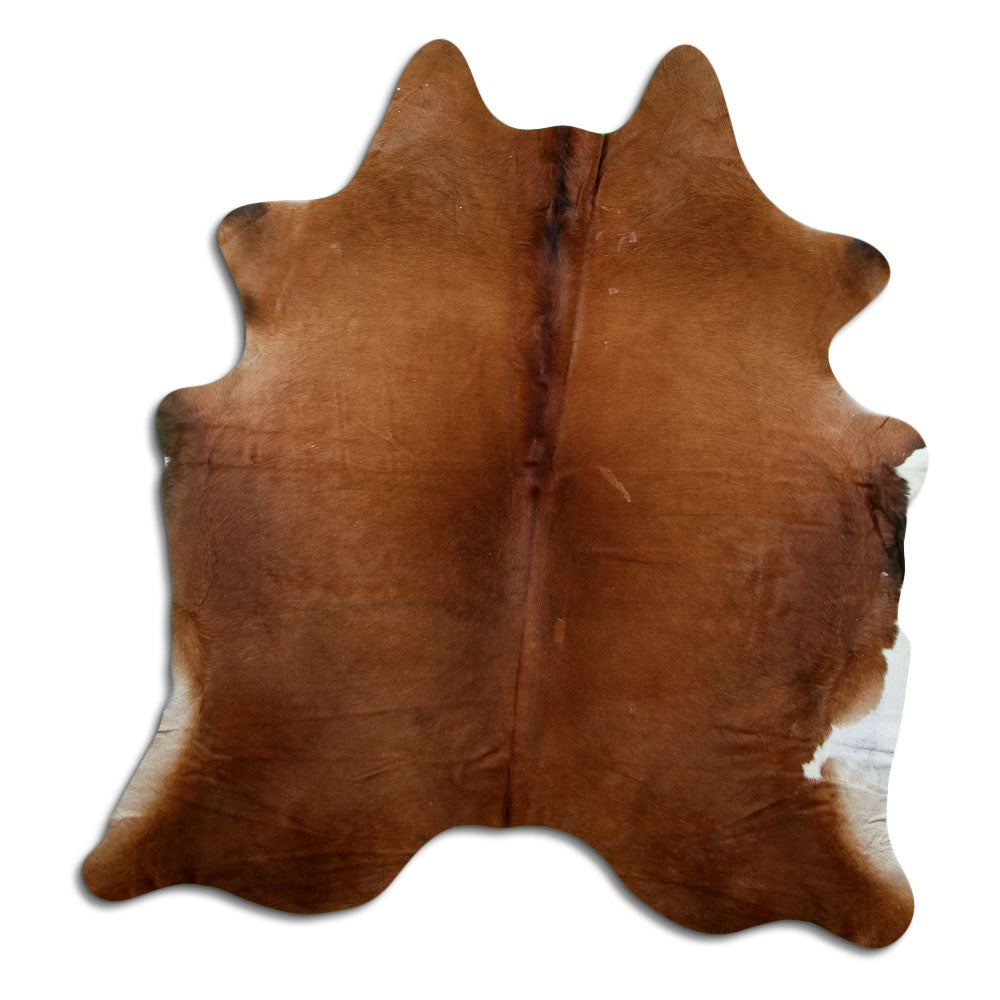 Brown cowhide rug of about 200 × 190 cm, seen from above: the exact hide you receive