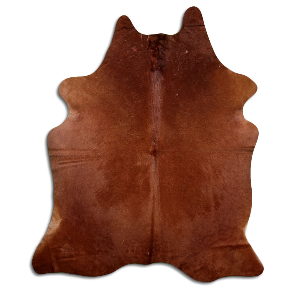 Brown cowhide rug of about 220 × 190 cm, seen from above: the exact hide you receive