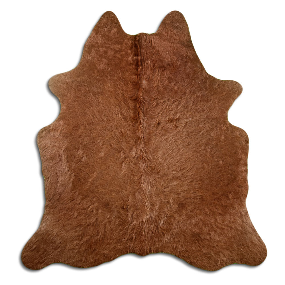 Brown cowhide rug of about 180 × 170 cm, seen from above: the exact hide you receive
