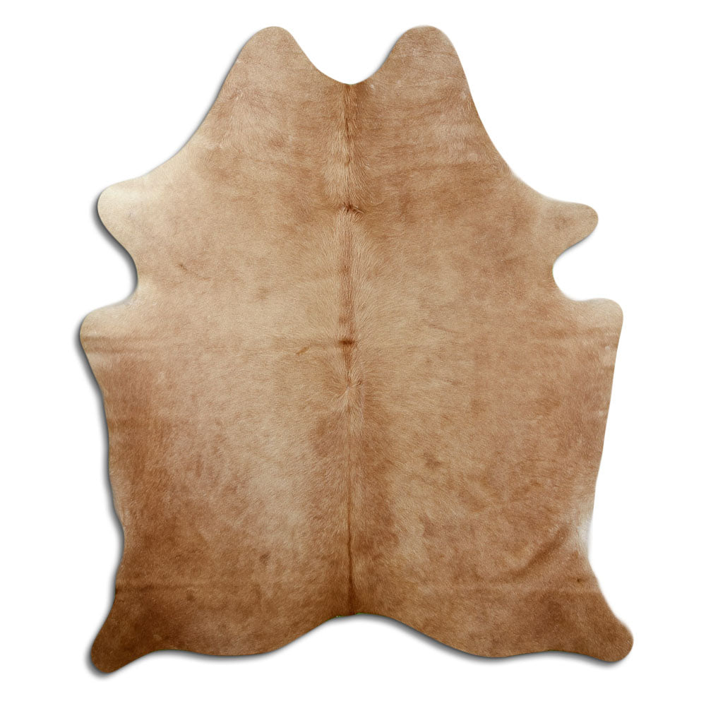 Brown cowhide rug of about 190 × 160 cm, seen from above: the exact hide you receive