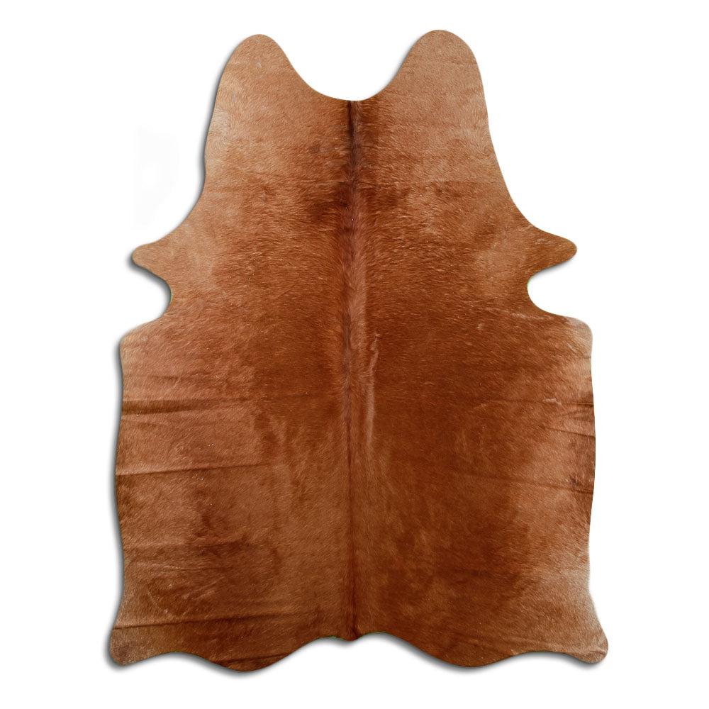 Brown cowhide rug of about 180 × 140 cm, seen from above: the exact hide you receive
