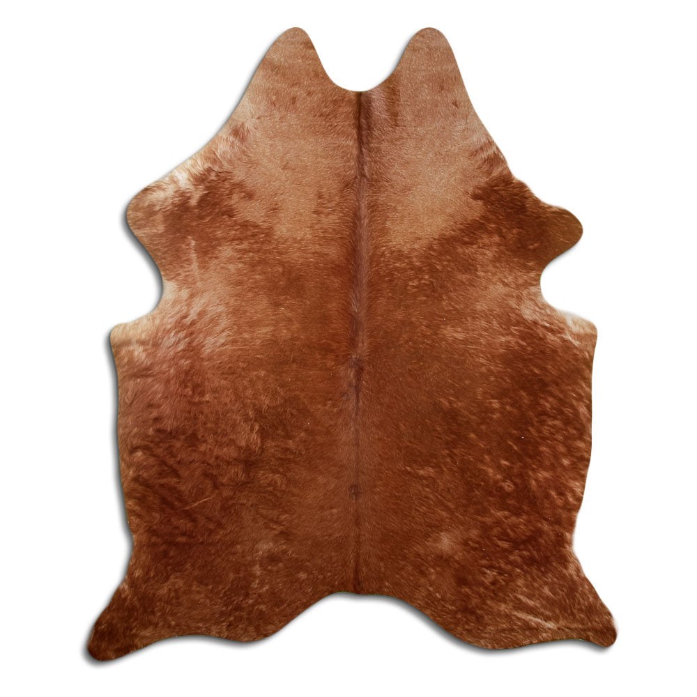 Brown cowhide rug of about 200 × 170 cm, seen from above: the exact hide you receive