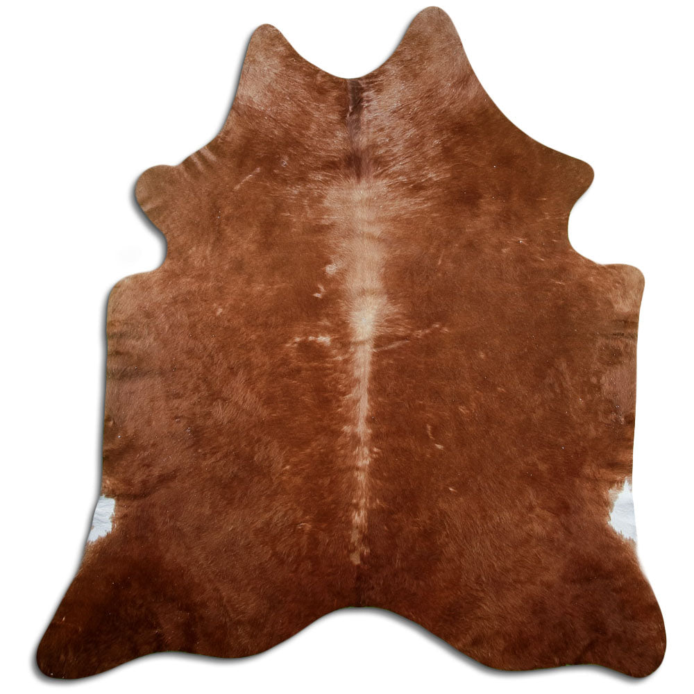 Brown cowhide rug of about 200 × 180 cm, seen from above: the exact hide you receive
