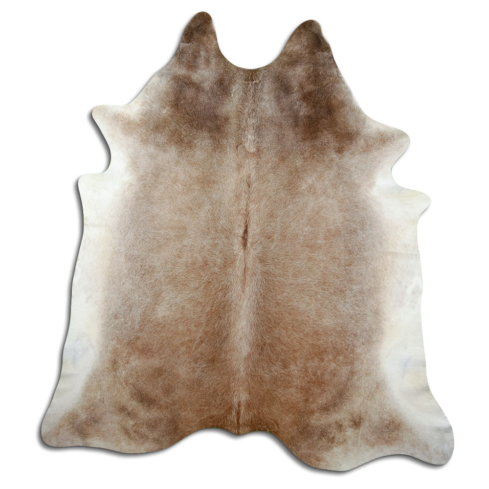 Brown cowhide rug of about 230 × 210 cm, seen from above: the exact hide you receive