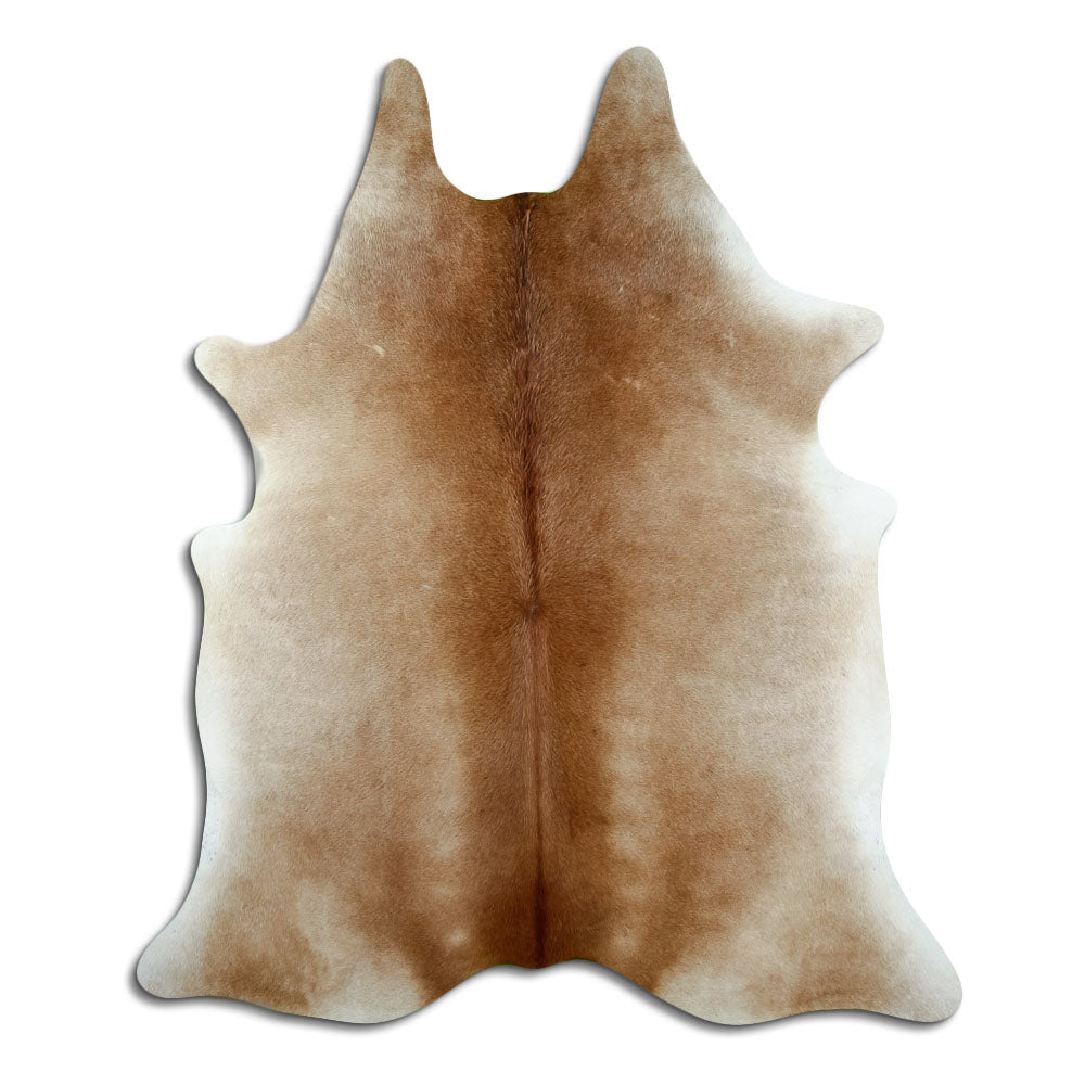 Brown cowhide rug of about 220 × 190 cm, seen from above: the exact hide you receive