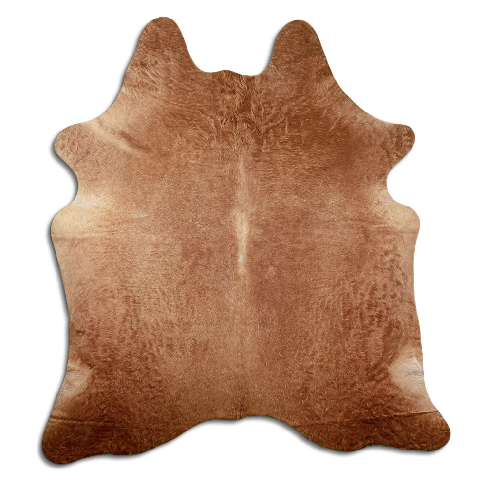 Brown cowhide rug of about 210 × 190 cm, seen from above: the exact hide you receive