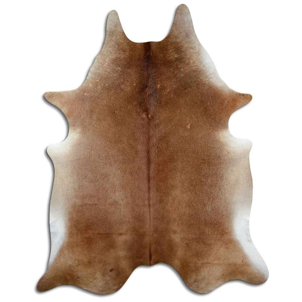 Brown cowhide rug of about 250 × 200 cm, seen from above: the exact hide you receive