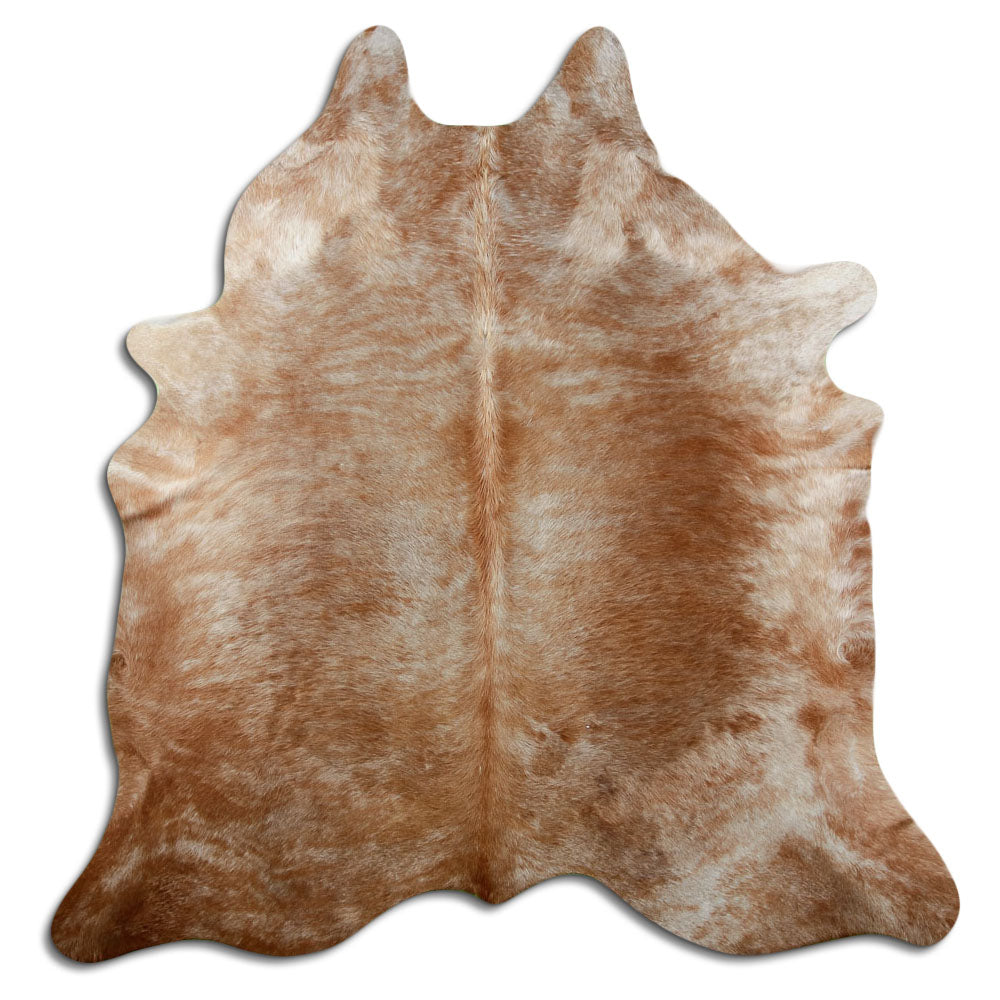 Brown cowhide rug of about 210 × 200 cm, seen from above: the exact hide you receive