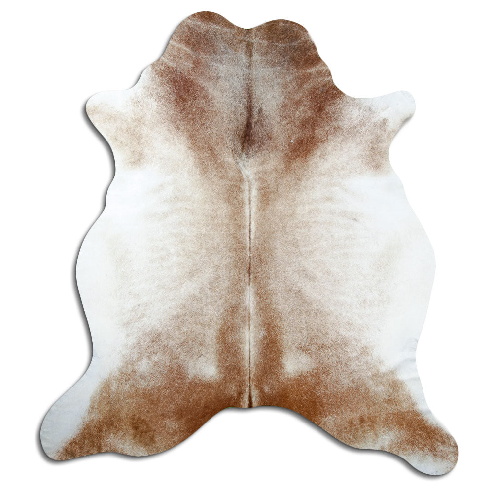 Brown cowhide rug of about 240 × 220 cm, seen from above: the exact hide you receive