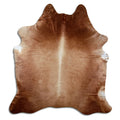 Brown cowhide rug of about 220 × 200 cm, seen from above: the exact hide you receive