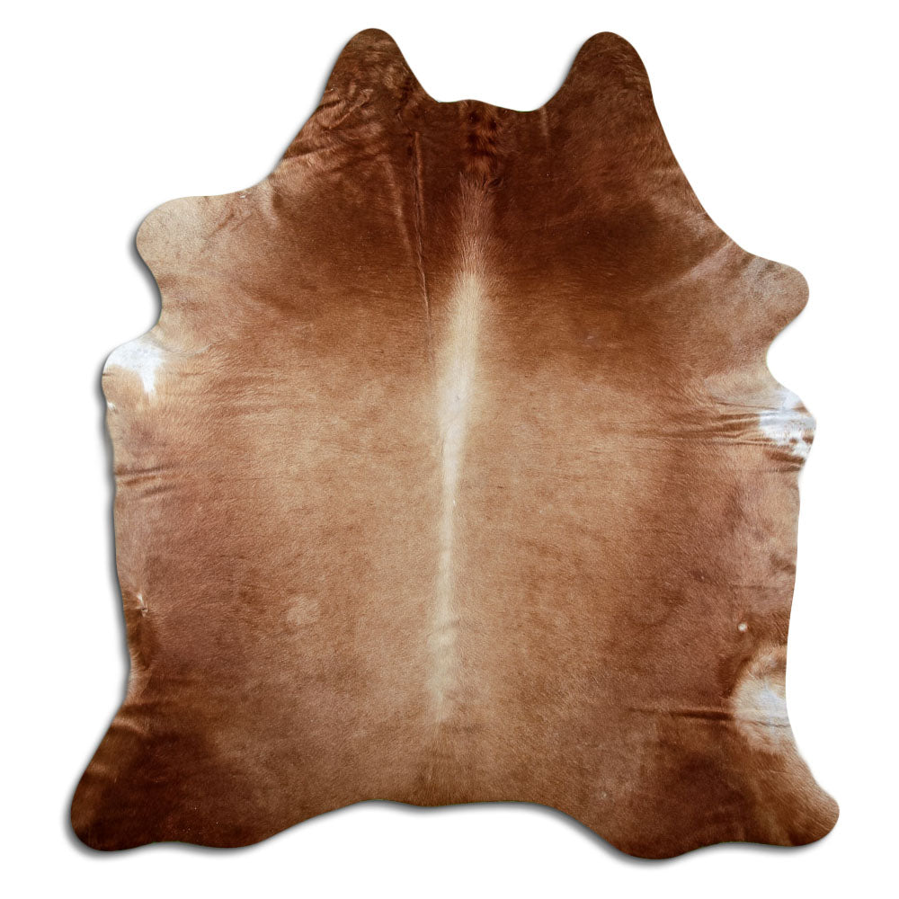 Brown cowhide rug of about 220 × 200 cm, seen from above: the exact hide you receive