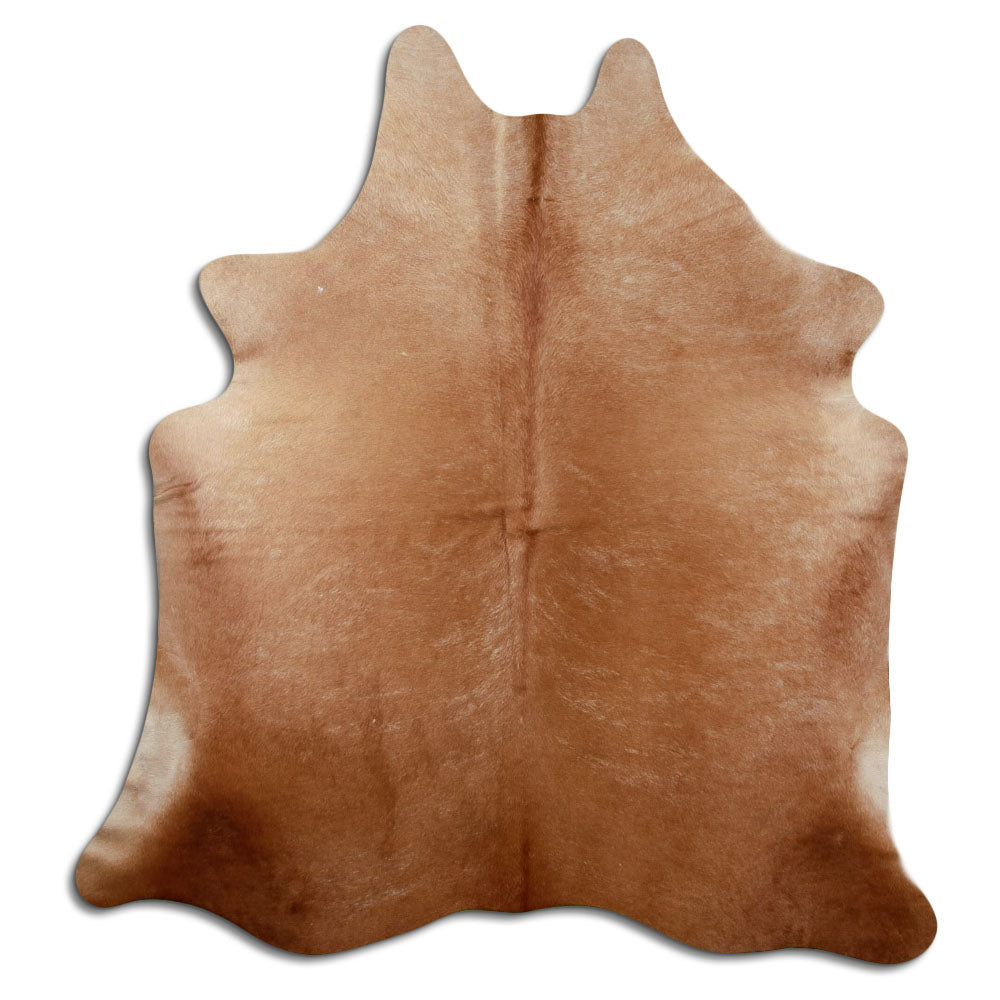 Brown cowhide rug of about 200 × 180 cm, seen from above: the exact hide you receive