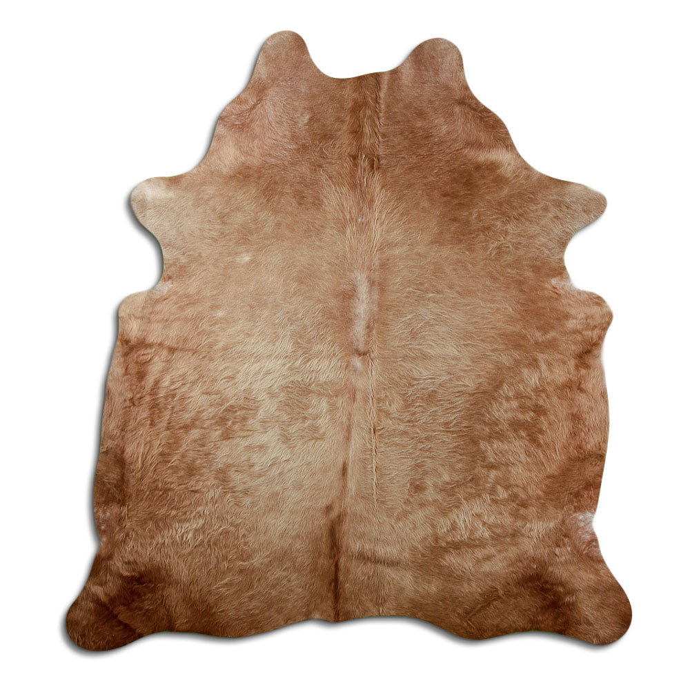 Brown cowhide rug of about 200 × 190 cm, seen from above: the exact hide you receive