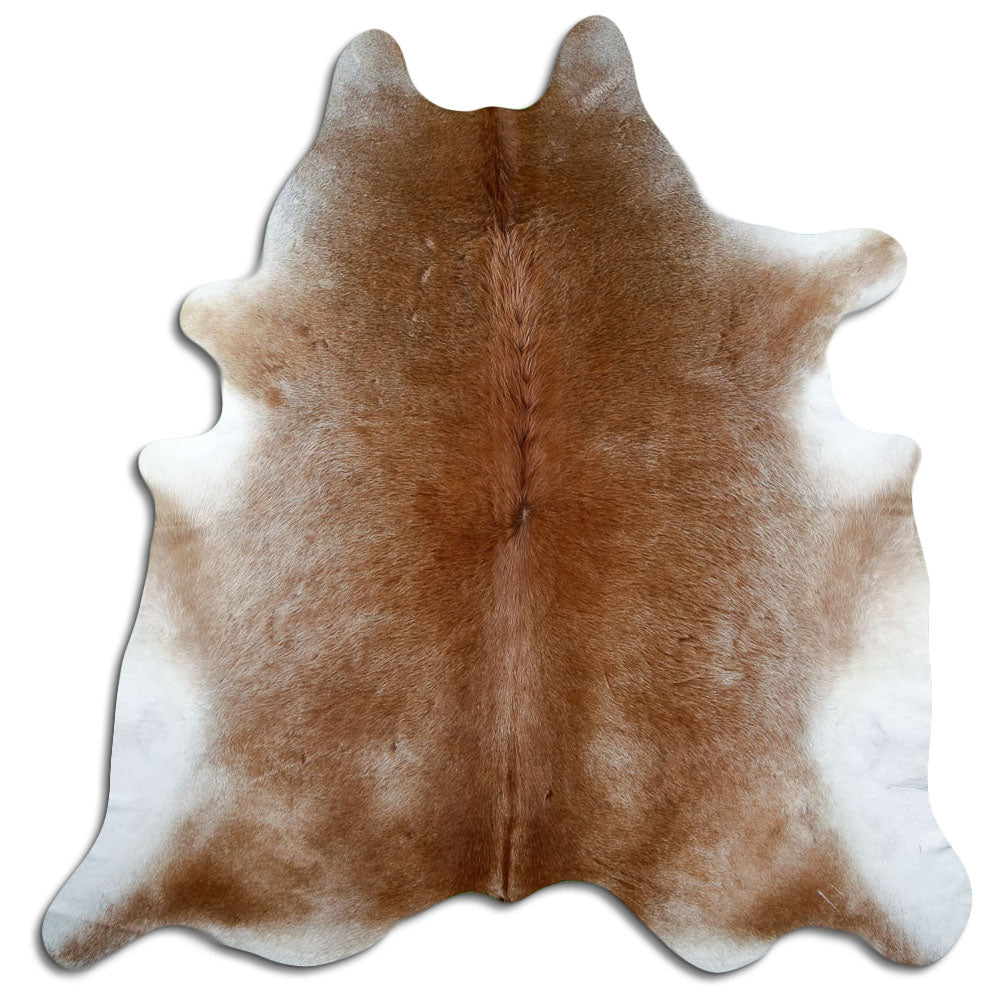 Brown cowhide rug of about 220 × 210 cm, seen from above: the exact hide you receive
