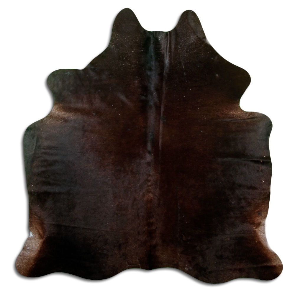 Brown cowhide rug of about 180 × 170 cm, seen from above: the exact hide you receive