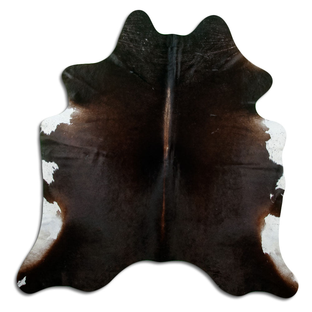 Brown cowhide rug of about 180 × 180 cm, seen from above: the exact hide you receive