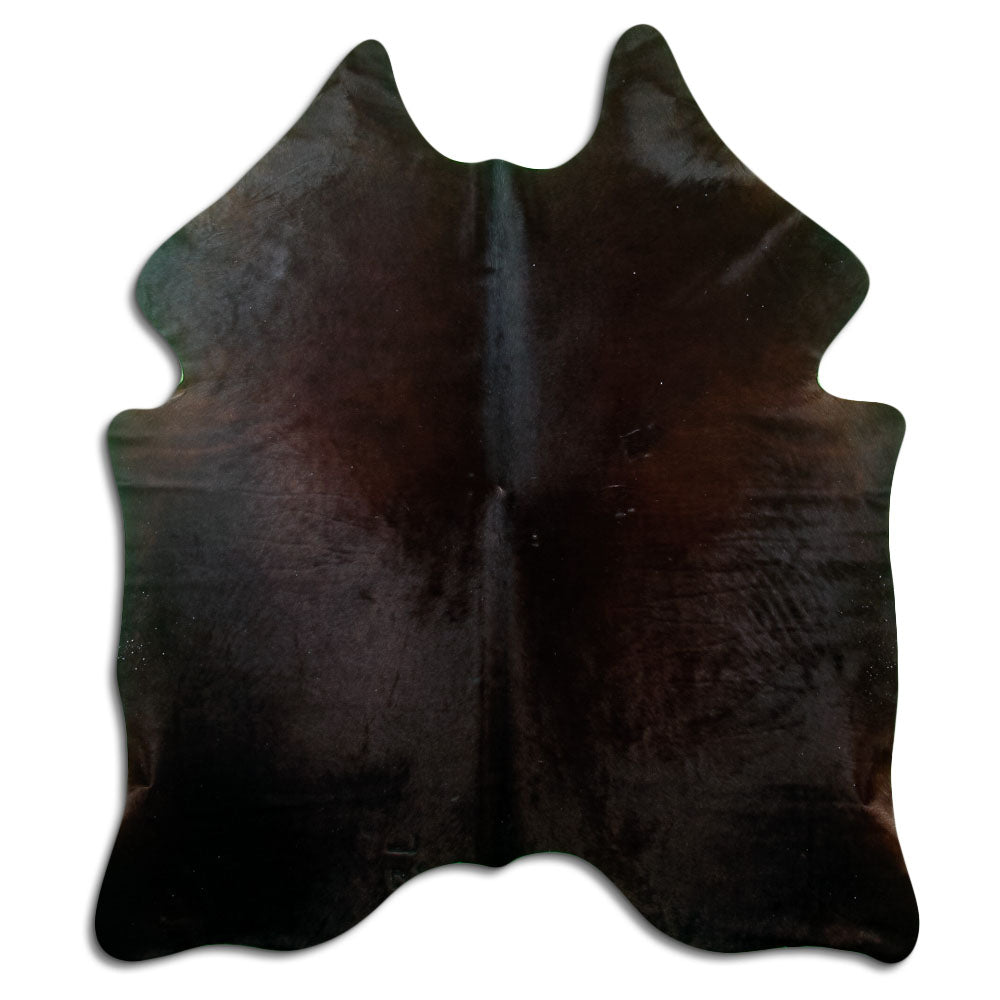 Brown cowhide rug of about 190 × 170 cm, seen from above: the exact hide you receive