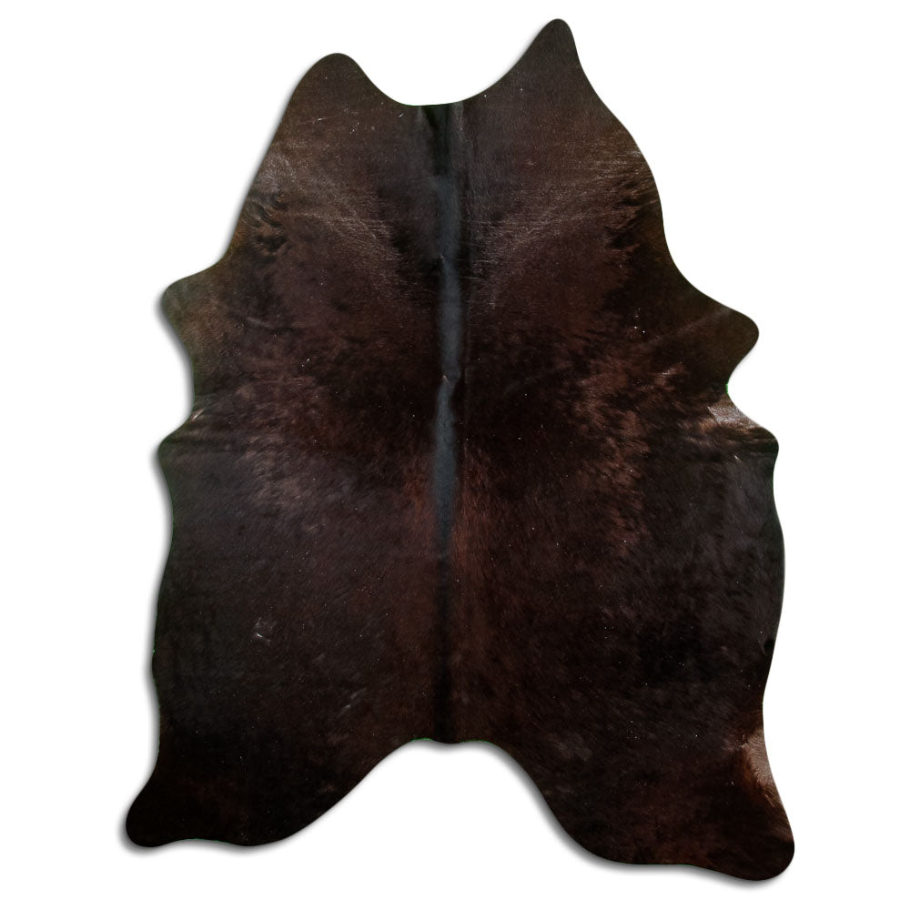 Brown cowhide rug of about 200 × 160 cm, seen from above: the exact hide you receive