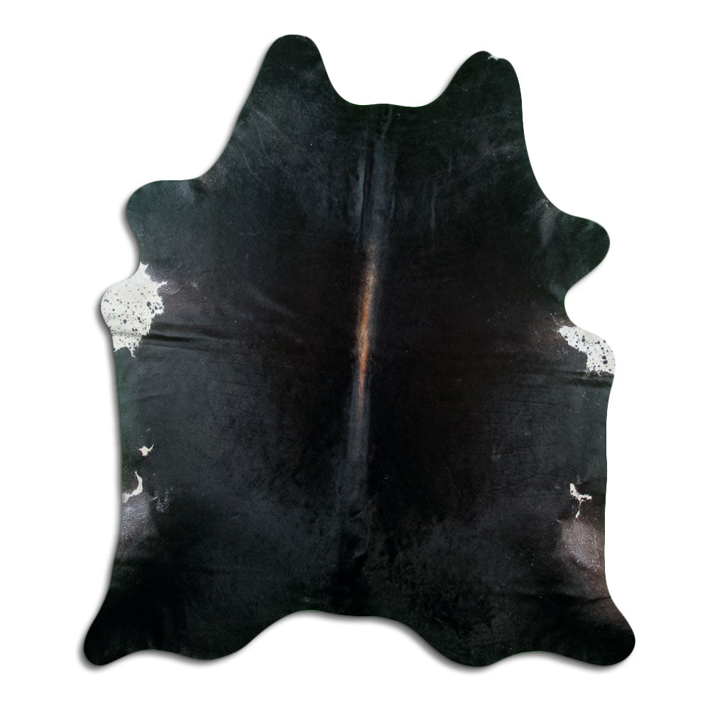 Brown cowhide rug of about 210 × 180 cm, seen from above: the exact hide you receive