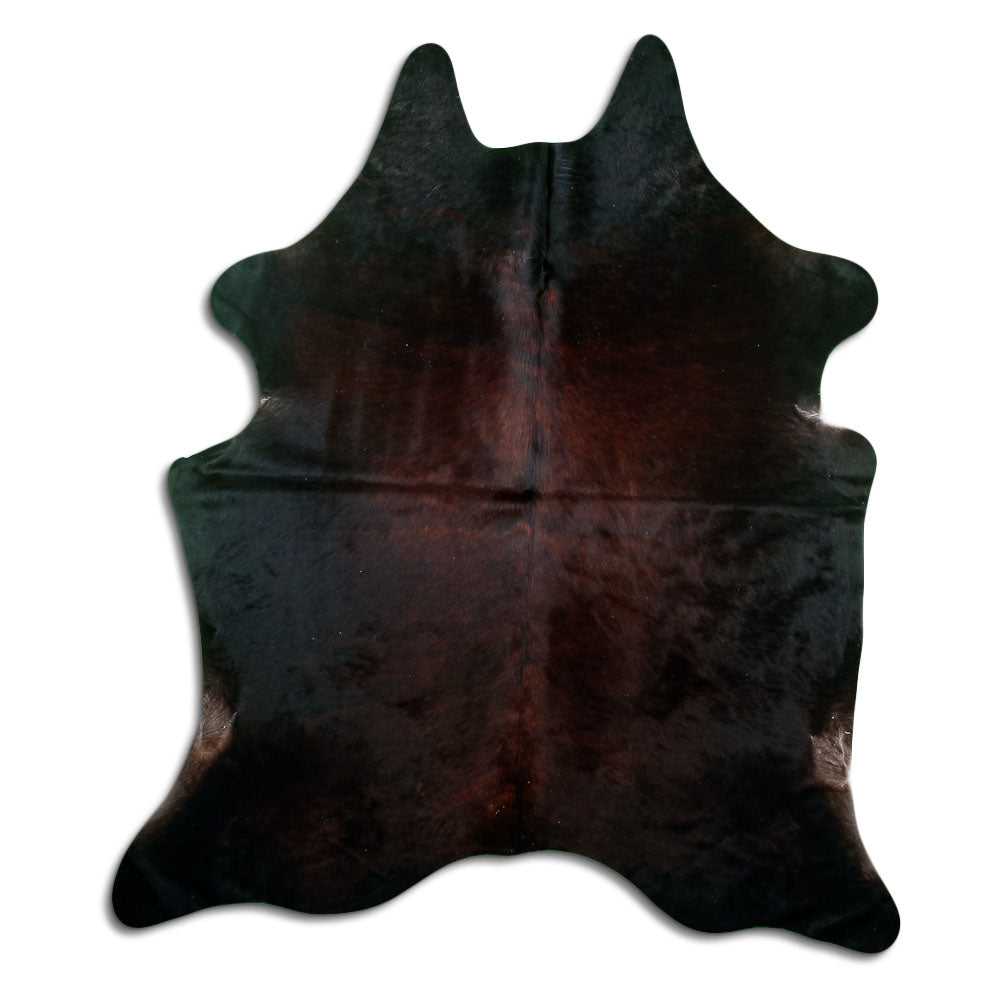 Brown cowhide rug of about 200 × 180 cm, seen from above: the exact hide you receive