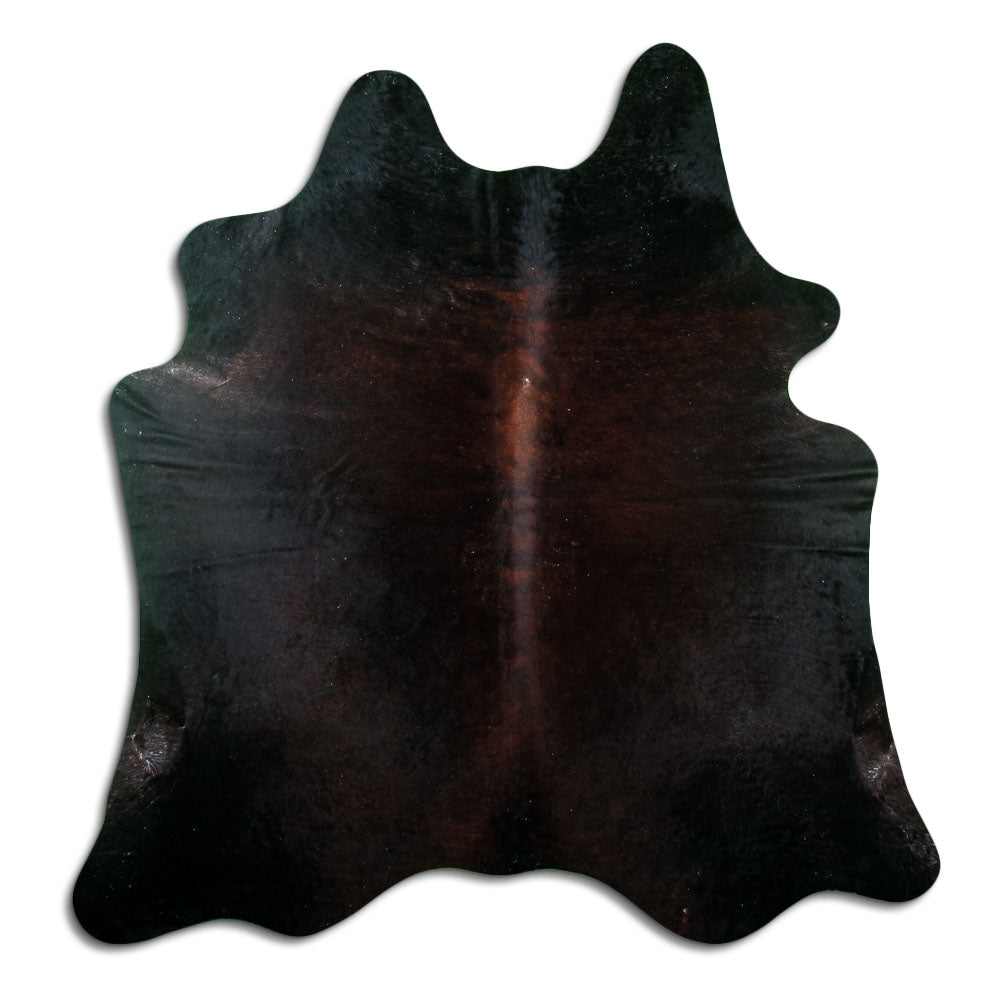 Brown cowhide rug of about 200 × 190 cm, seen from above: the exact hide you receive