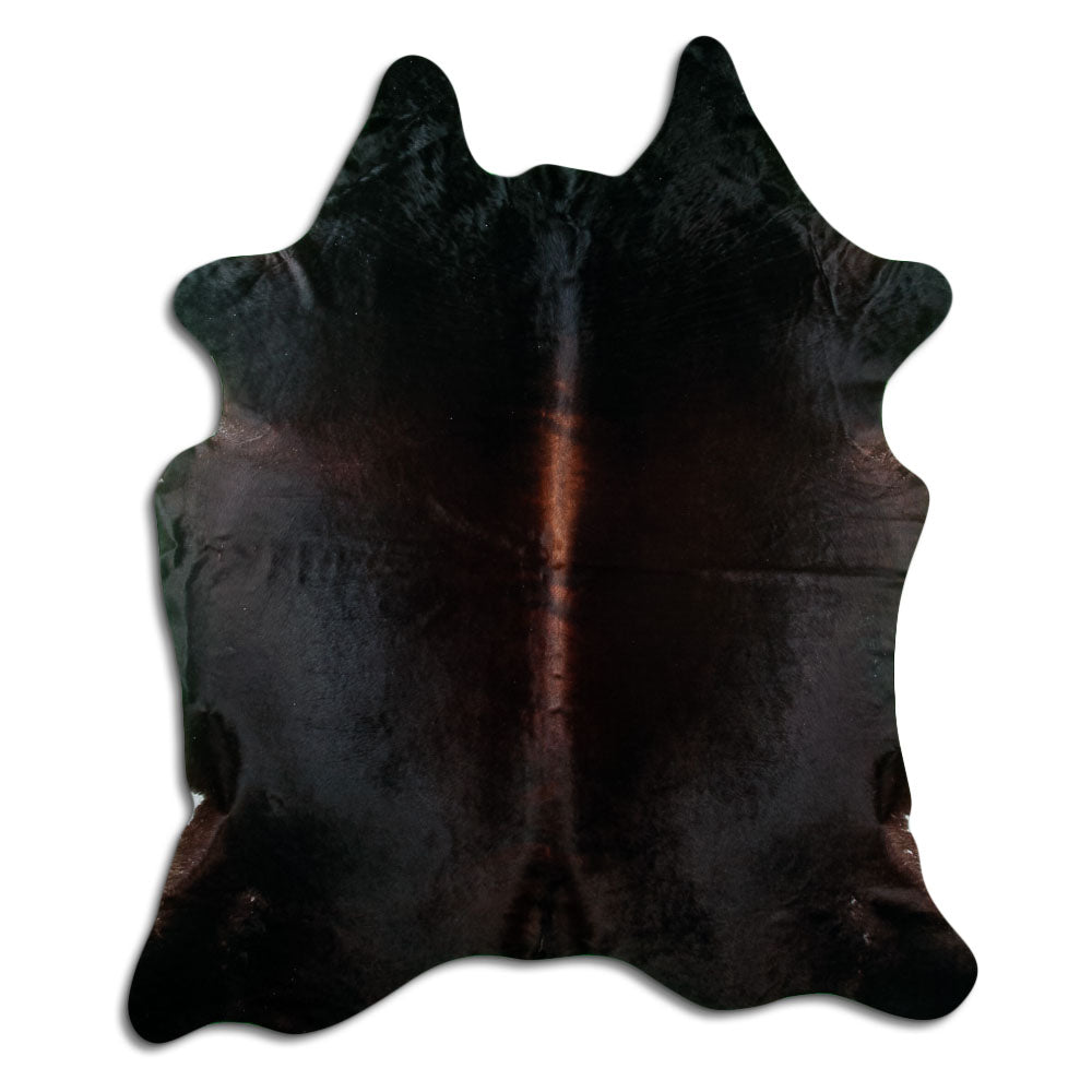 Brown cowhide rug of about 210 × 180 cm, seen from above: the exact hide you receive