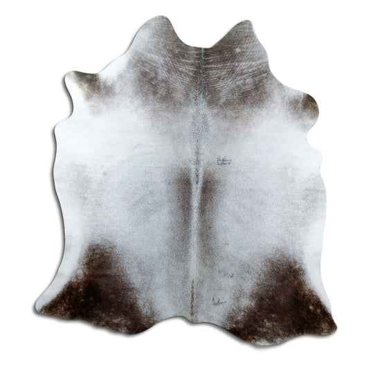 Grey cowhide rug of about 190 × 170 cm, seen from above: the exact hide you receive