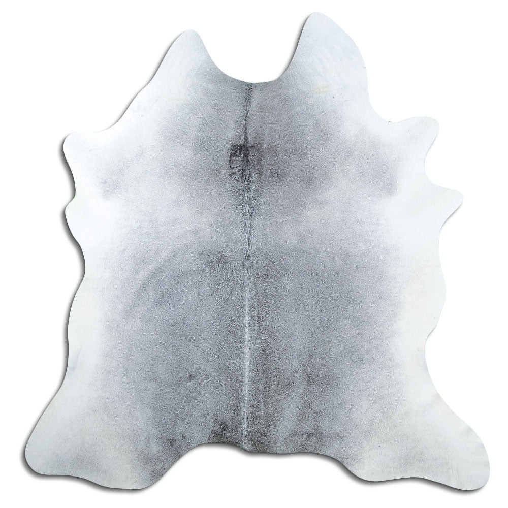 Grey cowhide rug of about 190 × 190 cm, seen from above: the exact hide you receive